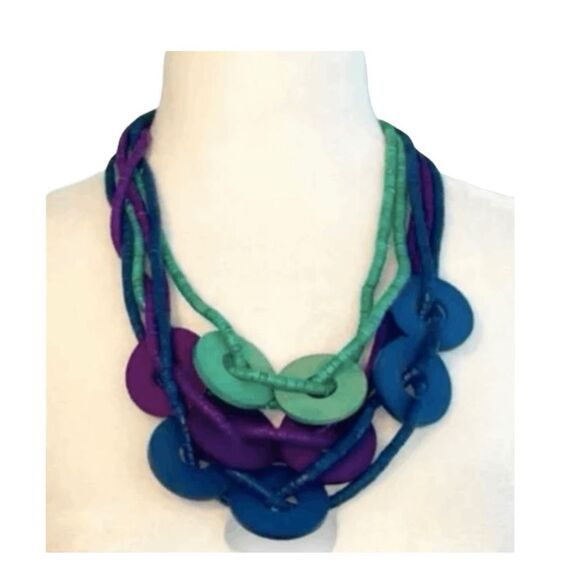 Vintage Chunky Beaded Necklace Purple Green Blue Wood Beads Multi-Strand - Picture 1 of 3